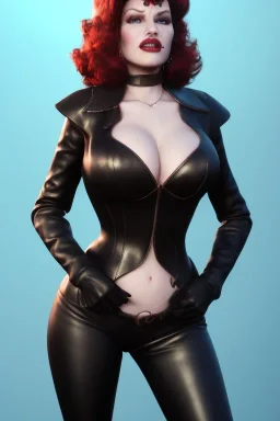 Rita Hayworth as evil queen in black leather, busty, cleavage, curvy, angry, stern look. character design by cory loftis, fenghua zhong, ryohei hase, ismail inceoglu and ruan jia. unreal engine 5, artistic lighting, highly detailed, photorealistic, fantasy