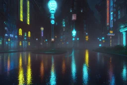 atmospheric, night, city, dark, rain, high level of detail, high definition, blue neon, blender 3d