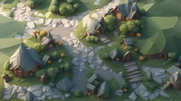 hobbit village view from above, warm daylight summer time low poly cartoon 3D style