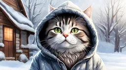 Full Body, Cute Cat standing outside in the cold, (zoomed), close-up, anthropomorphic cat, can I see your breath, cat in a warm jacket with a hood in the cold, White background, drawn in Procreate - - v 5 . 2, ultra hd, realistic, vivid colors, highly detailed, UHD drawing, pen and ink, perfect composition, beautiful detailed intricate insanely detailed octane render trending on artstation, 8k artistic photography, photorealistic concept art, soft natural volumetric cinematic perfect light