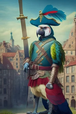 Half parrot half human in a 1700s Dutch military uniform holding a sword next to a Dutch city