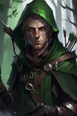 35 year old male rogue elf, thief assassin, messy mauve hair, bright green eyes, brown skin, black hood, black leather, messy, disheveled, trees, sneaky, bow and arrows, long and lean