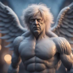 boris johnson grey angel with muscles and big wig, Guiding souls through twilight, where the shadows flee In this realm of aftermath, phantoms softly tread Following the will-o-wisp, where the lost are led ,bokeh like f/0.8, tilt-shift lens 8k, high detail, smooth render, down-light, unreal engine