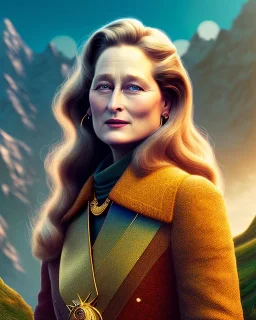 beautiful illustration of a young plum merryl streep in the mountains, in the style viktor klint and moebius, rim light, vibrant moody colors, plain background, soft lighting, unreal engine