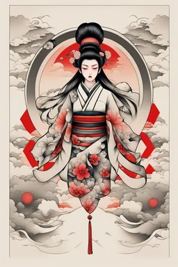 Create a captivating modern 2d colorfull ink Japanese tattoo design for print , using the elegant influences of japan art style, for print, dynamic elements from fashion and design, and bold Japanese art aesthetics, framing centered in the center, distanced from the edges of the paper perimeter, perfect anatomy, bauhaus, Divine Proportion,