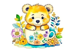 A cute bear baby in mug, flowers around, watercolor style