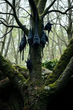 A group of black dark creatures hanging upside down from a tree without leaves . The tree skin is covered in moss and lichen, allowing it to blend seamlessly into its surroundings. Dark cave Spirits feed on the energy