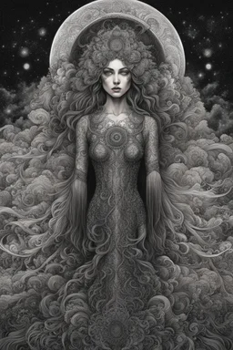 mystical female weird creature, mystic dark matter, dark energy, Fibonacci sequence, dark shadows, etheral, mist, ezoteric, mystic dark sky, surreal, sensitive, sinister, dark fantasy, space between the living and the dead, creepy, inks, splash, intricately detailed, sharp focus, cinematic, masterpiece