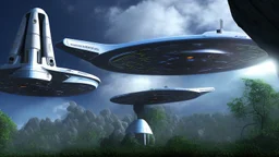 star trek spaceport in the jungle in a cliff, blue sky with white clouds, spaceships landing and leaving