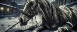 victorian era, a dead horse lies half buried in the snow. strange alien tentacles are crawling over the horse eating it , Victorian street. Apocalyptic, epic, photo-realistic, widescreen, cinematic, epic, like a movie