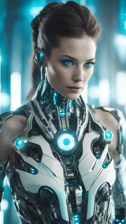 portrait of futuristic bionic kyborg woman, front view, symetrical photo, luminescent synthesis, biopunk, sci-fi, intricate details, light abstract blur background, white, cyan reflections, --ar 3:4 --style raw --stylize 350 --v 6