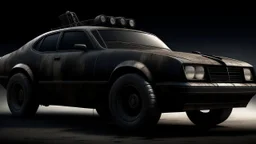 Create a photographic image in the cinematic style of Mad Max, featuring a compelling fusion of a weathered and rusty black 1998 Honda Civic seamlessly morphing into a half-car, half-scorpion hybrid as the central object.