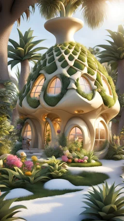 A pineapple shaped organic house design in the fairy garden, adorable, beautiful modern house design, beautiful environment flowers around the house, soft sunlight, winter season, photo real, realistic