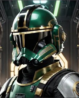 star wars bald male corellian pilot wearing black and bright gasoline green First Order special forces TIE pilot commando armored flightsuit and helmet with gold trim inside the jedi temple, centered head and shoulders portrait, hyperdetailed, dynamic lighting, hyperdetailed background, 8k resolution, volumetric lighting, light skin, fully symmetric details