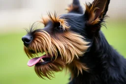 side of head nose mouth and eyes of a Scottish terrier coming up from the side-bottom, mouth open biting