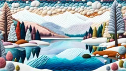 Natural Landmark with lake at winter in the style of felt art patchwork, 8k, intricate details, surreal, pastel colors