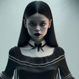 Female Jenna ortega black dress,soft goth libstick, wednesday addams family make up, brad double wig, dramatic lighting, highly detailed, volumetric lighting, unreal engine, 8k