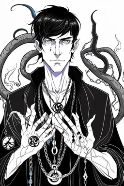 black haired young man necromancer wizard with gothic jewelry and tentacle fingers in the style of Aubrey Beardsley