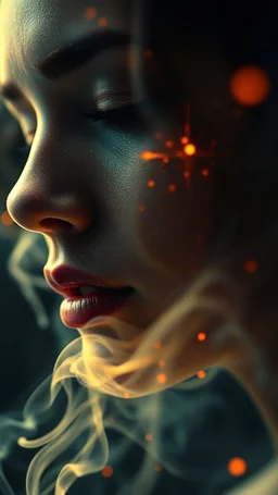 Smoke textire glow light,Ultra-detailed surrealistic glitch art aesthetic extremely close-up an woman with blur face,With Lissajous curve random swirl, perspektive wide, chaos biomechanical machinery element, such as recursive variety little hole in there, Smoke textures transparant and glowing lights, surealis nano mekanikal a mystical, otherworldly horor atmosphere. The outer frame should be complex