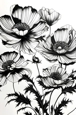 Ink drawing of large, surreal flowers, white background, black and white, negative space, no shading, minimalistic, highly detailed, realistic