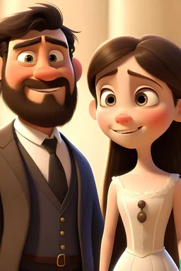 Portada de Pixar en una boda, una chica joven con vestido blanco de novia cabello castaño largo y ojos cafés sonriendo, junto a un chico joven alto con barba traje negro y moño negro cabello castaño corto y ojos cafés en su boda