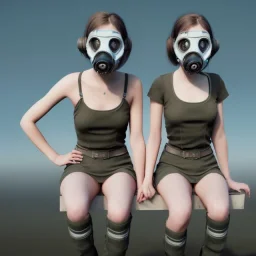 cute girls sitting at the computer in military gas masks. the masks are checkered.