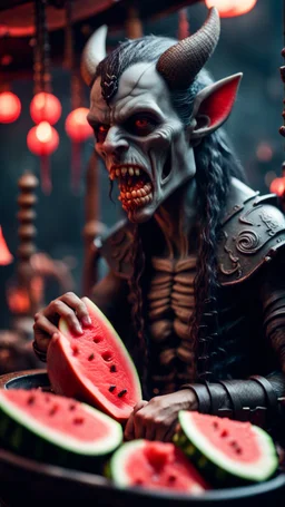 portrait of a vampire werewolf with mustage eating watermelon and the blood of fish on a viking ship, in the style of Giger,bokeh like f/0.8, tilt-shift lens 8k, high detail, smooth render, down-light, unreal engine, prize winning