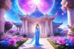 un tempio magico di un altro pianeta con tetto aperto in stile ferico con natura e fiori rosa e azzurri e cristalli e gemme in giardino con due colonne di luce e cielo aperto luminoso. Davanti c'è una bellissima donna vestita con una tuta cosmica azzura e brillante che guarda verso l'obbiettivo
