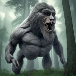 huge giant human hybrid bigfoot, grey black, destroying a tree in forest, angry, big muscles, big teeth, eating deer