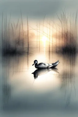 Reeds, lake, reflection, sunrise, Misty morning, ducks on the water, birds in the sky smooth intricate high definition beautiful lighting pencil sketch watercolor polished warm light LNF