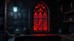 red cut glass window in witch kitchen, night, 8k, high quality, trending art, trending on artstation, sharp focus, studio photo, intricate details, highly detailed, by tim burton