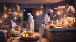 Hyper Realistic Muslims Preparing Iftar in Kitchen with Ramadan Decorations inside home at night.