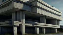A sweeping, cinematic vista of a Brutalist concrete structure, seemingly in motion, rendered in a hyperrealistic style reminiscent of a contemporary architectural visualization. The concrete, a cold, grey-blue punctuated by deep shadows and stark highlights, possesses a fluid, almost liquid quality, its massive forms twisting and curving organically despite their inherent solidity. A young, athletic woman of East Asian descent, around 25 years old, stands poised on a precipice of this flowing