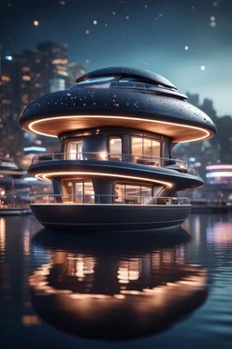 a donut shaped modular house boat that looks like a dark twisted alien space ship in advanced hi tech dock, bokeh like f/0.8, tilt-shift lens 8k, high detail, smooth render, down-light, unreal engine, prize winning