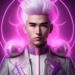 cute asian male, boy, man in futuristic suits, white hair color, pink and purple background, pink lighting, deep purple backlighting