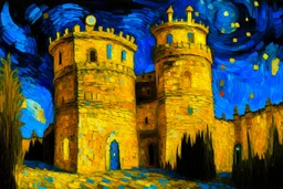 A yellow fortress with glowing halos painted by Vincent van Gogh