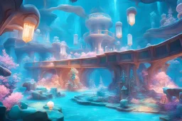 Monde merveilleux aquatique, chateau cristal, pierre précieuse, eau turquoise