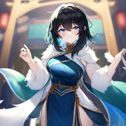 Clear focus,High resolution, Black short fluffy hair, and blue eyes, wearing a Chinese Traditional outfit dark green with black, Blushing, Hand up, white fur around her neck