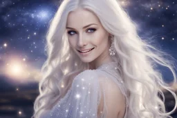 very beautiful cosmic women with white long hair, smiling, with cosmic dress and in the background there is a bautiful sky with stars and light beam