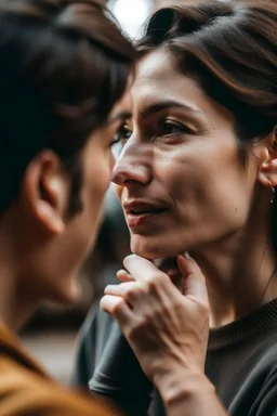 woman whispering next to a persons ear