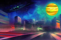 Cloudy night, futuristic street view, exoplanet in the sky, cyberpunk influence, impressionism painting