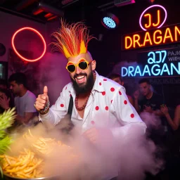 An "Balkan guy" performing at dance club, his name is "FLAPYPUSY" and looks crazy, Balkan food on stage, Neon lights and smog, "DJ DRAAGAN" SIGN ON WALL