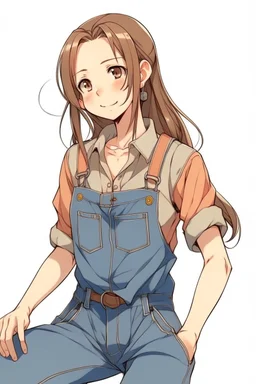 brown hair in a ponytail anime girl in jean overalls