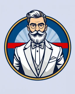 A circular logo with a vector of a handsome groom or beard and mustache with a formal suit at the top of the logo in a blue, red, white, gold, and silver color theme.