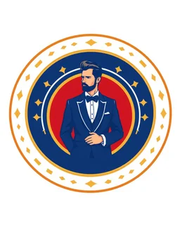 A circular logo with a vector of a groom in a suit at the top of the logo in a blue, red, white and gold color theme.