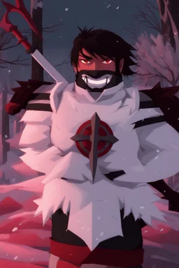 The character, in a striking white armour against a wintry backdrop stands with his arms behind his back inside the scene, he has a red and black circular symbol on his chest like a shield, a black pointed spear with a red handle on his back, His eyes are showing a dynamic expression and he wears a black oni with white sharp teeth on it covering the bottom part of his mouth he has brown shoulder pads and a white belt with a bag attached to it. He has dark brown hair, he does not wear a helmet.