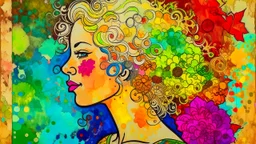 abstract art complementary colors fine details , old torn worn paper, high grain, portrait blonde , flowers in hair, acrylic, alcohol ink, fine drawing, A blonde woman in her 40s, with flowers woven into her loose, curly hair, sits in a whimsical, fairytale setting, surrounded by delicate swirling patterns reminiscent of the textures of old torn paper, in a vibrant, abstract style combining acrylic and alcohol ink techniques, with fine detailing that highlights complementary colors, in the expre