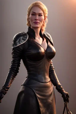 Cersei Lannister as evil mistress in black leather, dominatrix, bdsm, busty, cleavage, curvy, lena headay, angry, stern look. character design by cory loftis, fenghua zhong, ryohei hase, ismail inceoglu and ruan jia. unreal engine 5, artistic lighting, highly detailed, photorealistic, fantasy