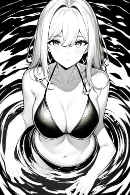 girl in a bikini floats in the water, orthogonal top view, greyscale