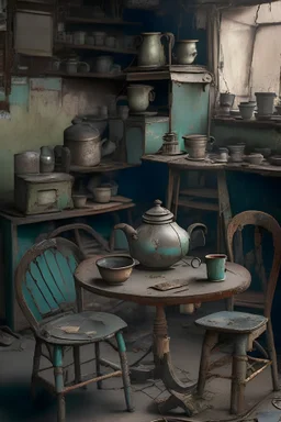 An old shop with three chairs and a table, and on the table a teapot and cups. There is a balance, scrap, iron and some old metal in the shop.